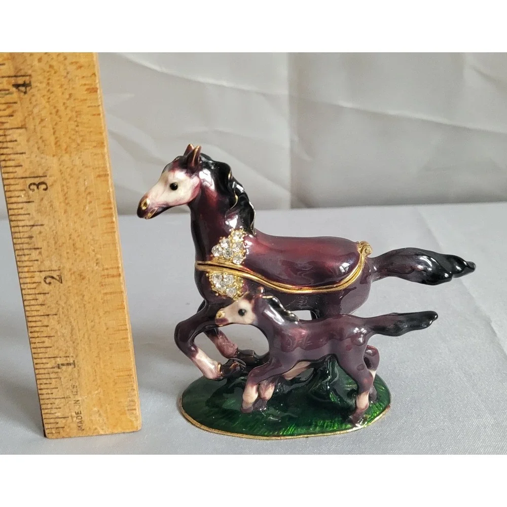 Enamel Metal Horse & Foal Hinged Trinket Box w/ Rhinestones Purple Green Base